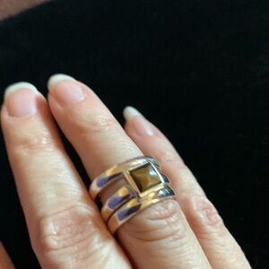 Macys Liz Claiborne set of 3 silver tone rings w cats eye solitaire sz5